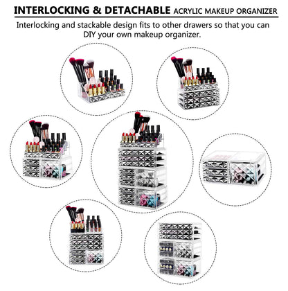 Acrylic Clear Dustproof Makeup Storage Organizer Drawers Large Skin Care Cosmetic Display Cases for Bathroom Stackable Storage Box with 11 Drawers for Vanity (Diamond Pattern Clear)