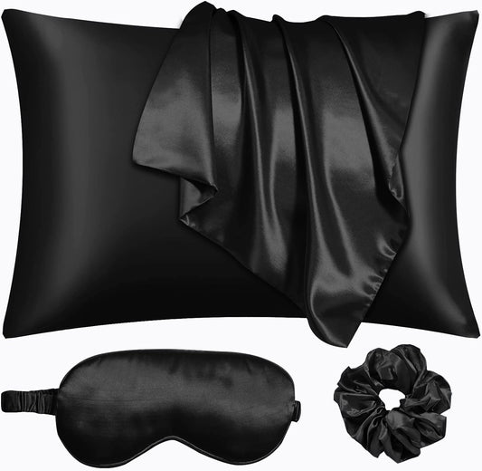 Black Satin Pillowcase for Hair and Skin, Vegan Silk Pillowcase Set-2 Satin Pillowcases, 1 Eye Mask, 1 Scrunchie-Luxury Sleep Set, Silky Standard Satin Pillow Cases with Envelope Closure
